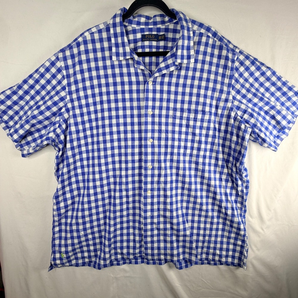 Polo Ralph Lauren Shirt 2XB Blue Gingham Linen Blend Short Sleeve